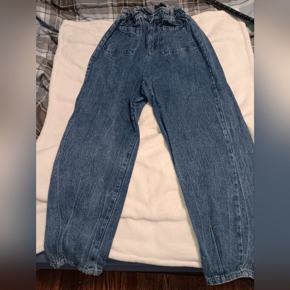 Aaron & Amber Paper Bag Waist Mom Jeans Size Small Blue Denim Baggy Tapered